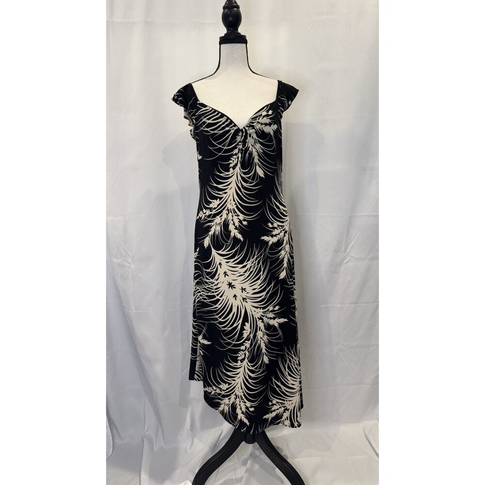 BCBGMAXAZRIA Black Ivory Floral Print Midi Dress L Flutter Sleeve Stretch